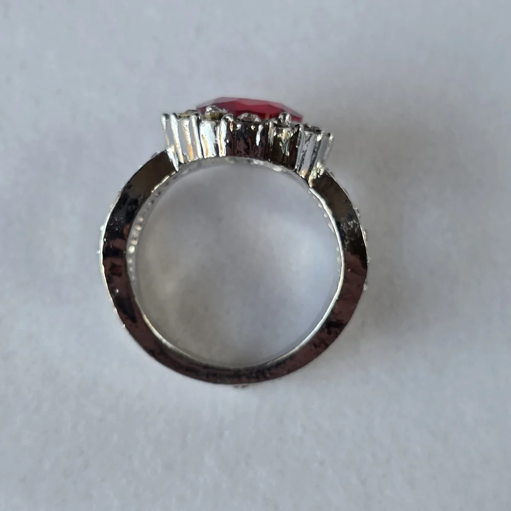 Ruby Red Halo Ring Split Shank Fashion Jewelry Faux Gemstone And Diamonds